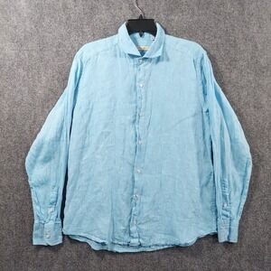 Puro Lino Shirt Mens EU 42 16.5 Blue Linen Long Sleeve Button Up Made In Italy